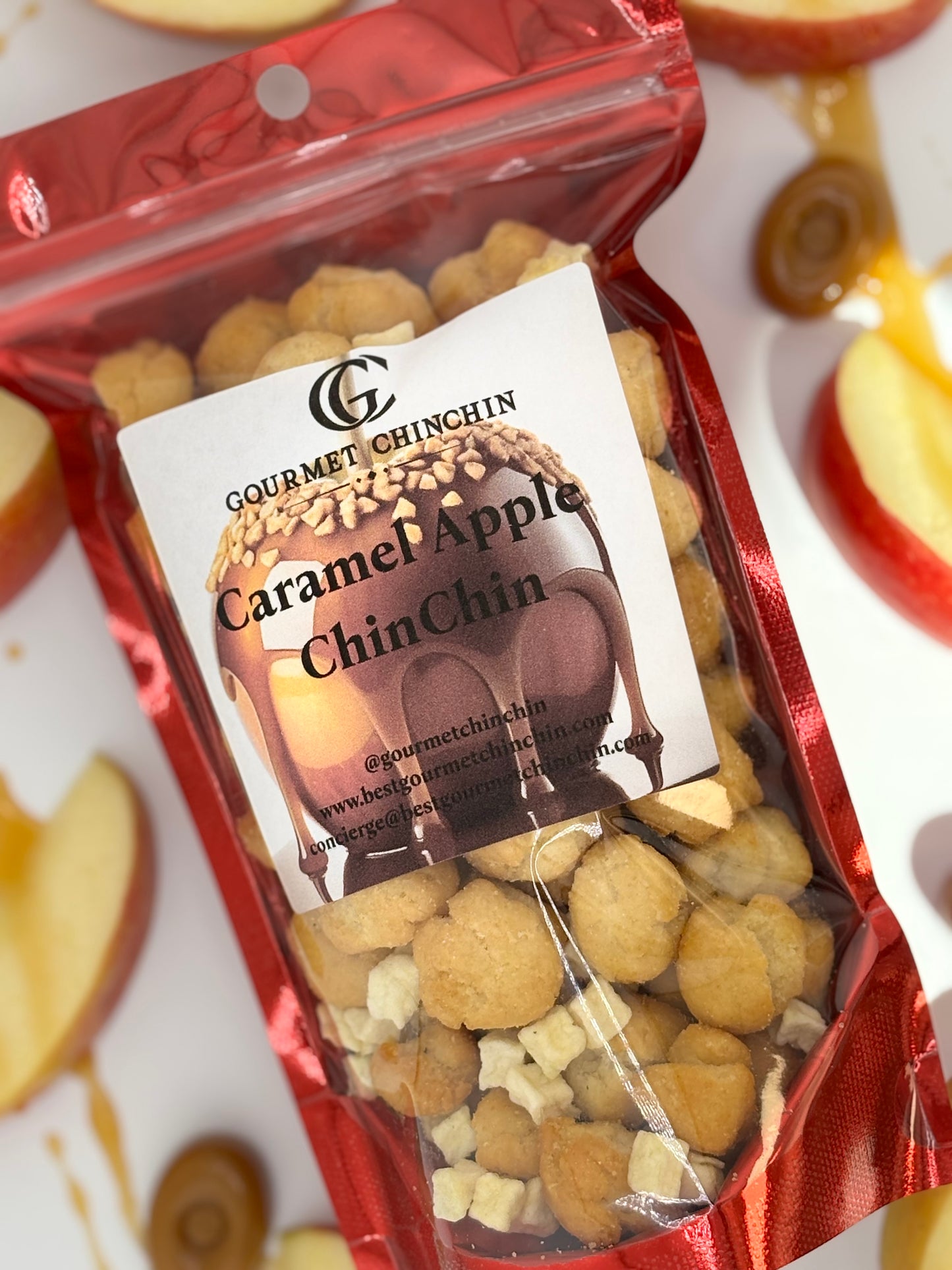 Packaged Gourmet Chinchin Caramel Apple snacks with visible brand logo.